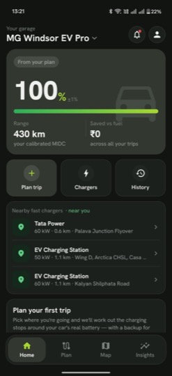 EV Pilot home screen with real range and nearby chargers