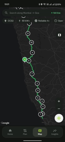 EV Pilot map with live charger clusters along the route