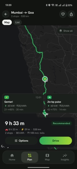 EV Pilot planned route with charging stops on the map